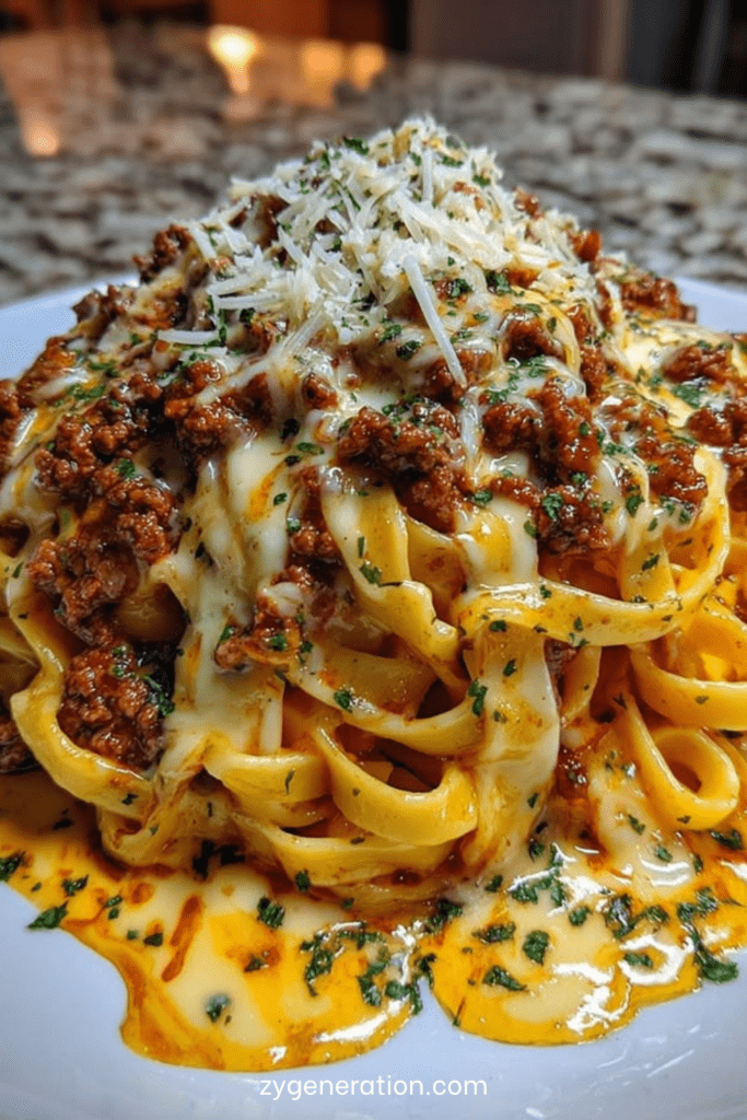 Tagliatelles bolognaises crémeuses servies avec une sauce tomate au bœuf haché, mozzarella fondue, parmesan râpé et persil frais.