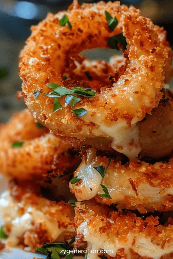 Onion rings farcis au fromage mozzarella, dorés et croustillants, servis chauds avec une sauce crémeuse maison et du persil frais.