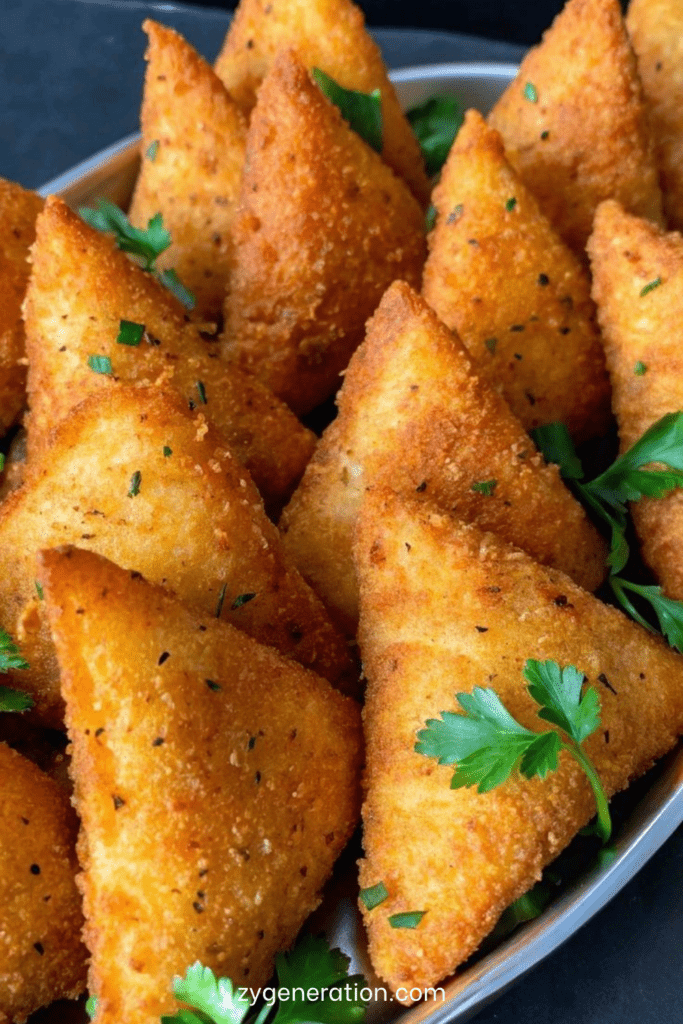 Samoussas croustillants au fromage, dorés à la poêle, garnis d’une farce fondante à la mozzarella et au fromage frais, servis avec du persil.