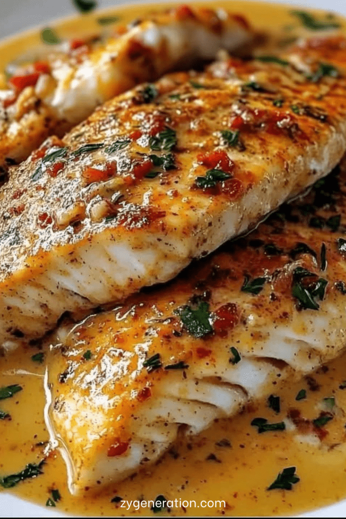 Filets de poisson blanc dorés à la poêle, nappés d’une sauce crémeuse au citron et à l’ail, servis avec persil frais et poivron rouge.