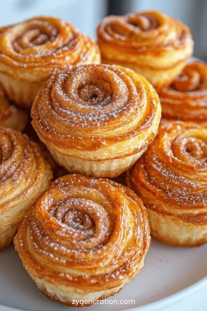 Feuilletés roulés en forme de roses, dorés et croustillants, parfumés au sucre et à la cannelle, saupoudrés de sucre glace.