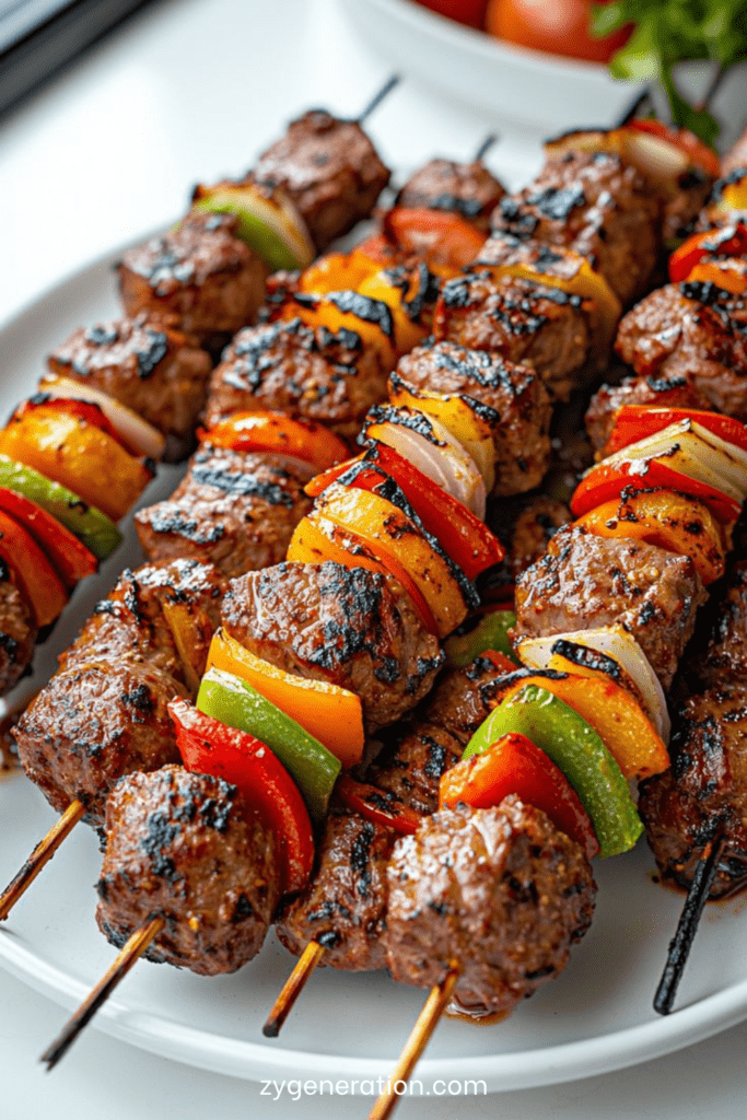 Brochettes de bœuf grillées avec poivrons rouges, jaunes et verts, oignons et marinade parfumée, servies avec du persil frais.