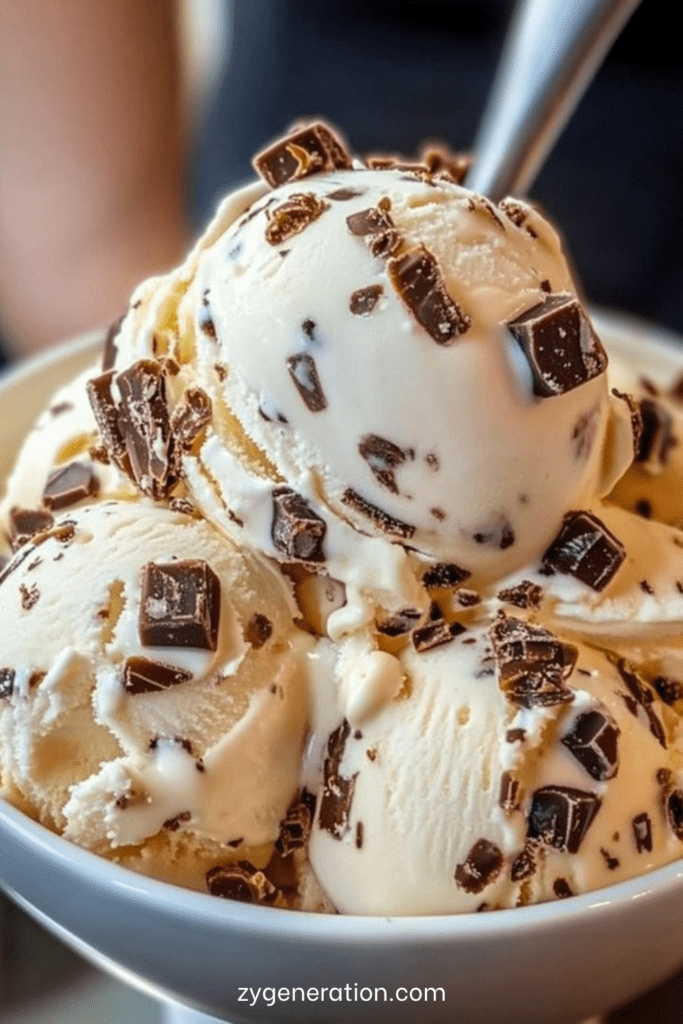 Glace vanille maison aux pépites de chocolat, servie en boules dans une coupe avec morceaux de chocolat et texture crémeuse.