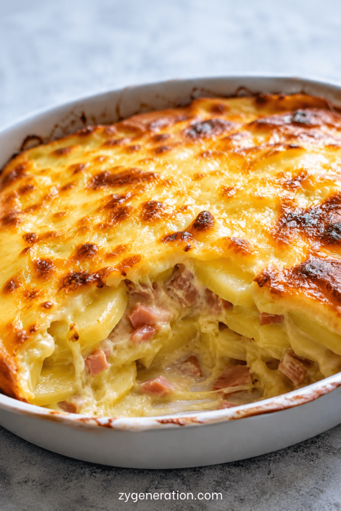 Gratin de pommes de terre crémeux au jambon et fromage, bien doré au four, servi dans un plat familial avec une texture fondante et généreuse.