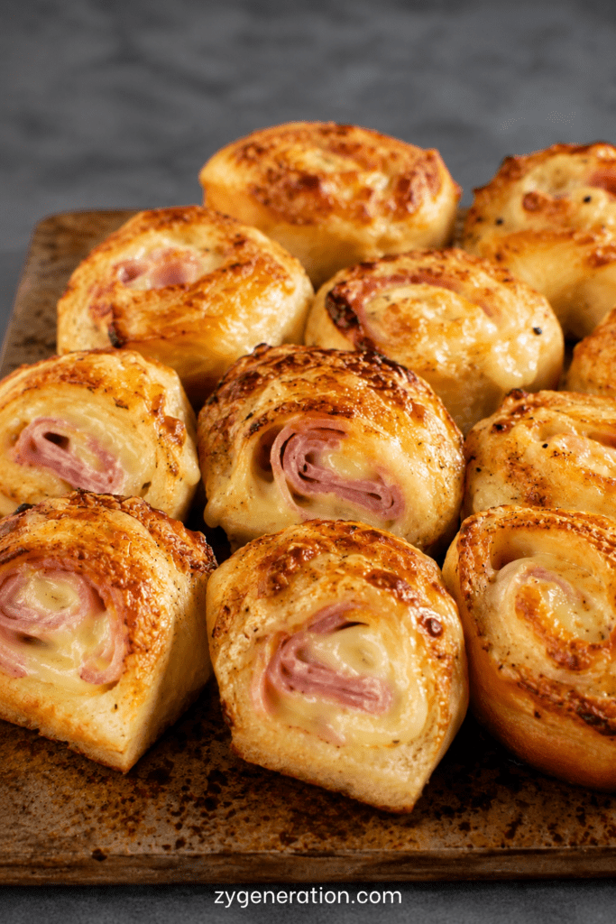 Croque-monsieur roulé au four façon apéro, petits roulés dorés au pain de mie, jambon et fromage fondant, servis chauds pour un apéritif gourmand.