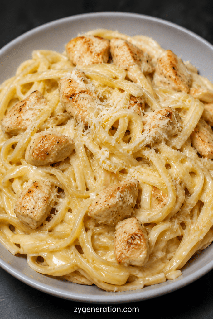 Assiette de pâtes crémeuses au poulet, ail et parmesan, avec une sauce onctueuse, des morceaux de poulet dorés et du parmesan râpé.
