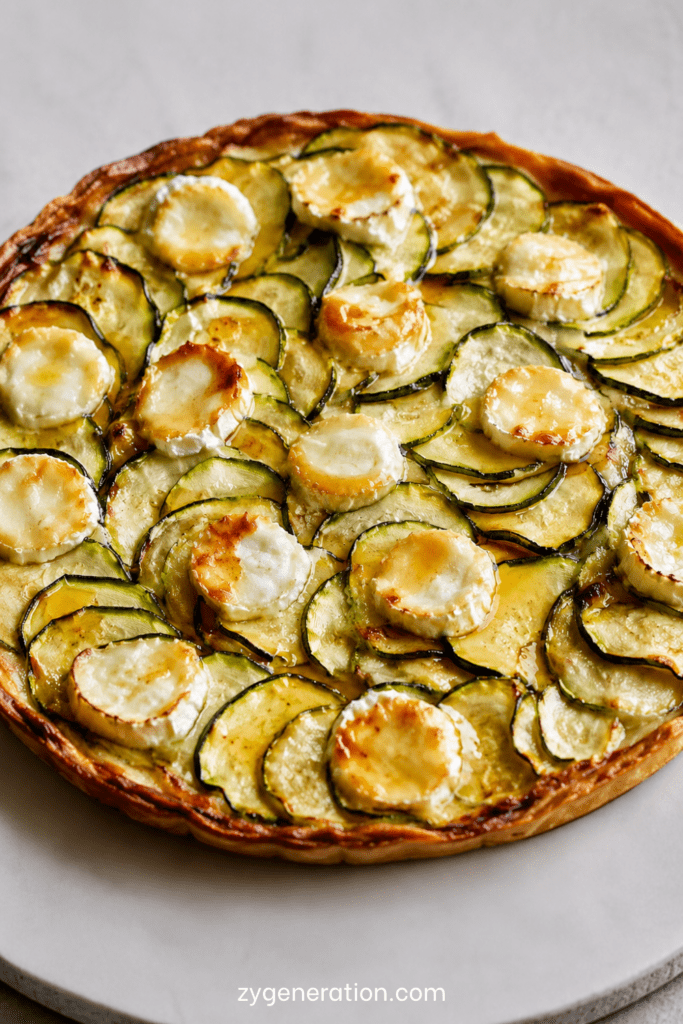 Tarte fine aux courgettes, chèvre et miel sur pâte feuilletée dorée, garnie de rondelles de courgettes, fromage de chèvre fondu et filet de miel.