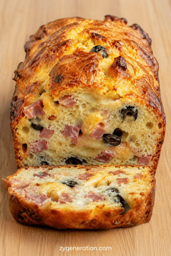 Cake salé jambon, olives et fromage coupé en tranches, avec une mie moelleuse, des morceaux d’olives, du jambon et du fromage fondu.