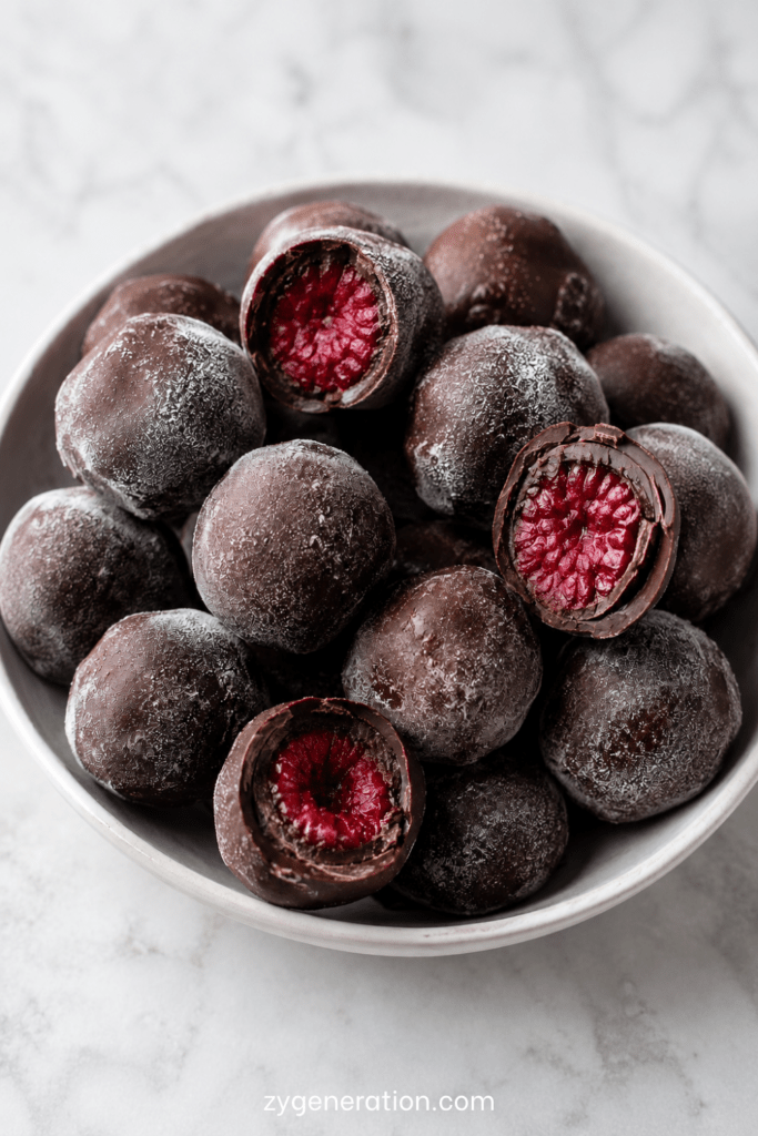 Bouchées glacées aux framboises enrobées de chocolat noir, avec une coque croquante et un cœur fruité, servies sur du papier cuisson.
