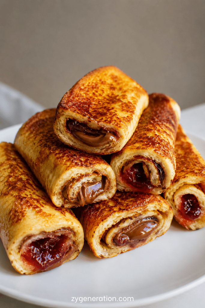 Pain perdu roulé au chocolat ou à la confiture, doré à la poêle, moelleux à l’intérieur et légèrement sucré, servi tiède pour le goûter.