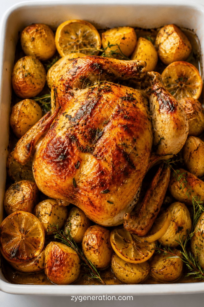 Poulet rôti au citron avec pommes de terre dorées et herbes aromatiques, servi dans un grand plat familial avec une peau croustillante et une viande tendre.