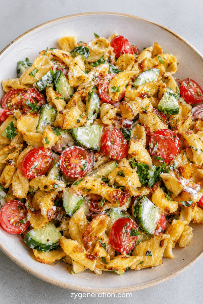 Salade de pâtes croustillantes façon TikTok servie dans un grand bol, avec tomates cerises, concombre, oignon rouge, herbes fraîches et sauce crémeuse au yaourt.
