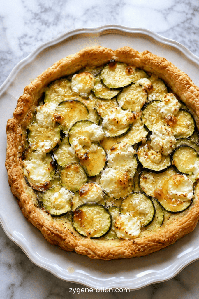 Tarte courgettes, chèvre et miel dorée au four, garnie de fines rondelles de courgettes, morceaux de fromage de chèvre fondant et filet de miel brillant.