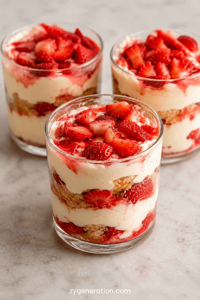 Verrines façon tiramisu aux fraises avec couches de biscuits imbibés, crème mascarpone onctueuse, morceaux de fraises fraîches et décoration fruitée.
