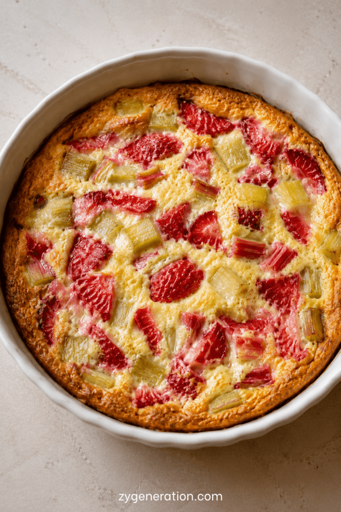 Clafoutis fraises rhubarbe fondant servi dans un plat doré, avec morceaux de fraises rouges, rhubarbe tendre et pâte moelleuse légèrement sucrée.