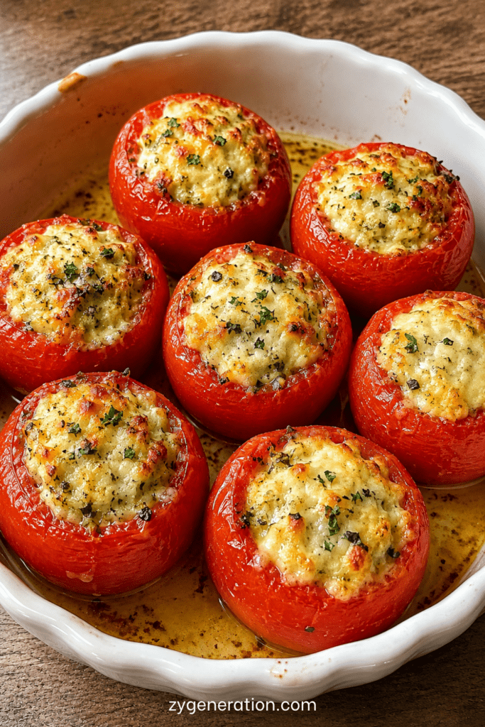 Tomates farcies express au fromage et aux herbes, gratinées au four avec une farce crémeuse, chapelure dorée et herbes fraîches.