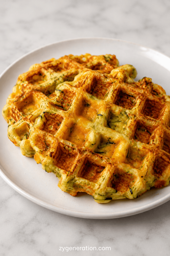Gaufres salées courgette fromage bien dorées, croustillantes à l’extérieur, moelleuses à l’intérieur, servies avec une sauce au yaourt et des herbes fraîches.