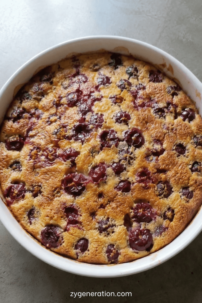 Clafoutis aux cerises maison doré et moelleux dans un plat rustique avec cerises fraîches et sucre légèrement caramélisé
