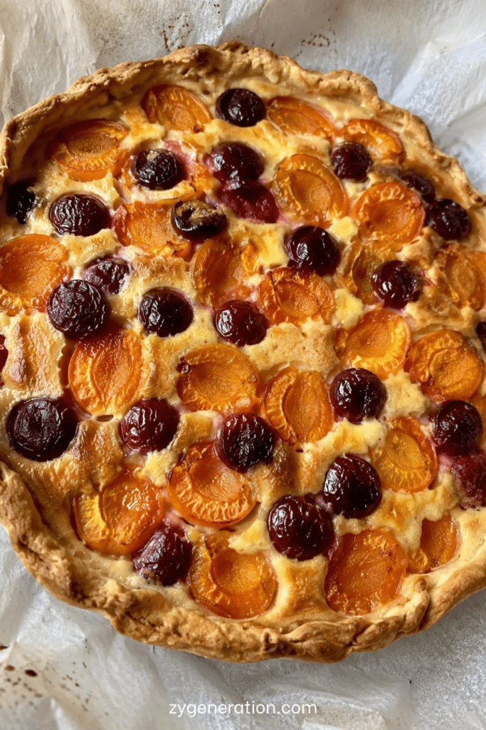 Tarte abricots et cerises dorée et gourmande maison avec crème vanillée dans un moule rustique en été