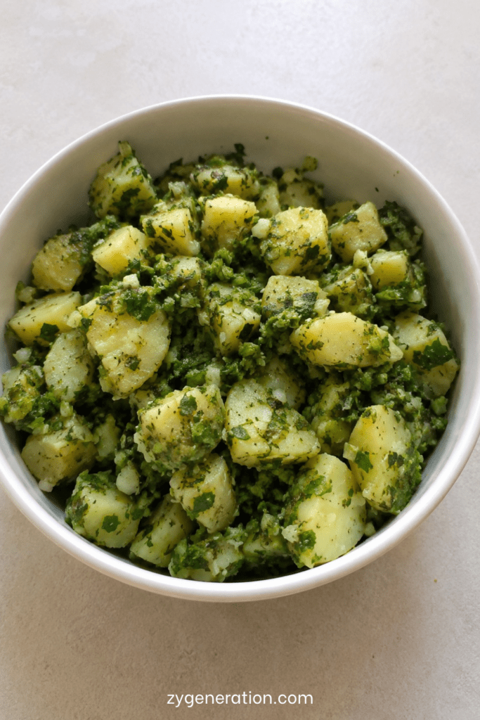 Salade de pommes de terre maison aux herbes fraîches, citron et huile d’olive servie dans un grand saladier estival