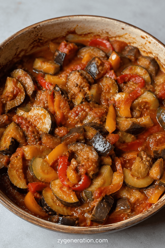 Ratatouille maison aux tomates, courgettes, aubergines et poivrons mijotés dans une cocotte rustique