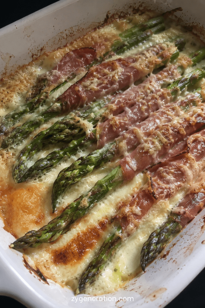 Gratin d’asperges vertes au jambon sec avec crème et fromage gratiné dans un plat rustique doré au four