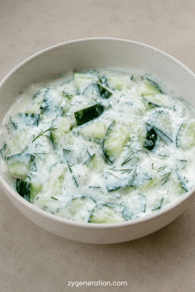 Salade concombre au yaourt avec menthe, citron et herbes servie dans un bol estival rafraîchissant