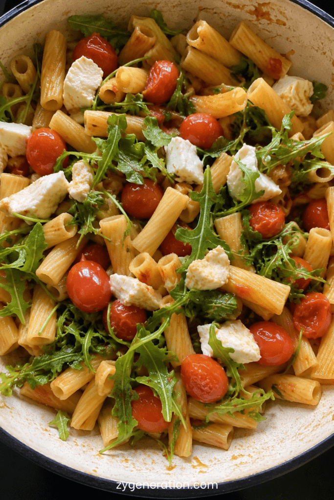One pan pasta aux tomates cerises, roquette fraîche et mozzarella fondante dans une grande poêle italienne gourmande