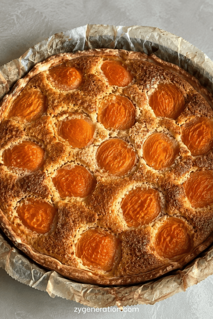 Tarte amandine aux abricots dorée avec crème aux amandes fondante et abricots caramélisés dans un moule rustique
