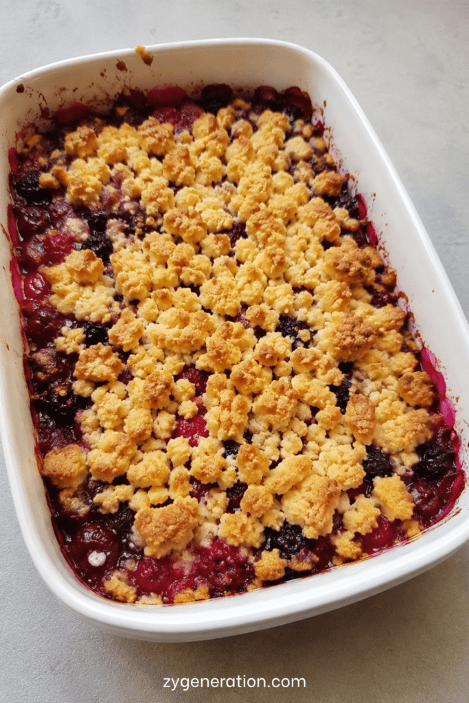 Crumble maison aux fruits rouges avec pâte croustillante dorée et fruits fondants servis dans un plat rustique
