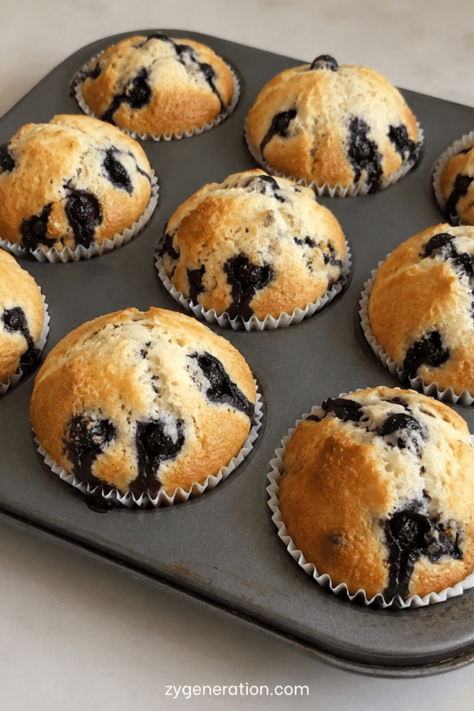 Muffins maison aux myrtilles moelleux et dorés servis sur une table avec quelques myrtilles fraîches