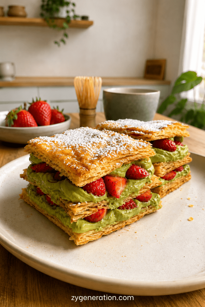 Millefeuille express au matcha et aux fraises composé de rectangles de pâte feuilletée dorée, de crème mascarpone au matcha et de fraises fraîches.