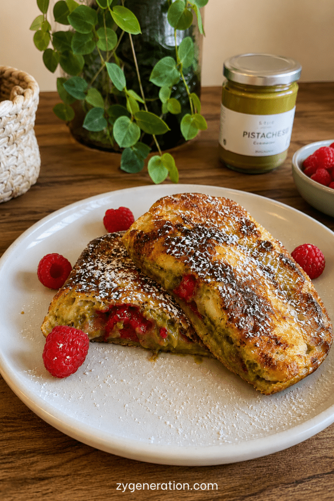 Croissant perdu doré à la poêle, garni de crème de pistache et de framboises, saupoudré de sucre glace et servi tiède.