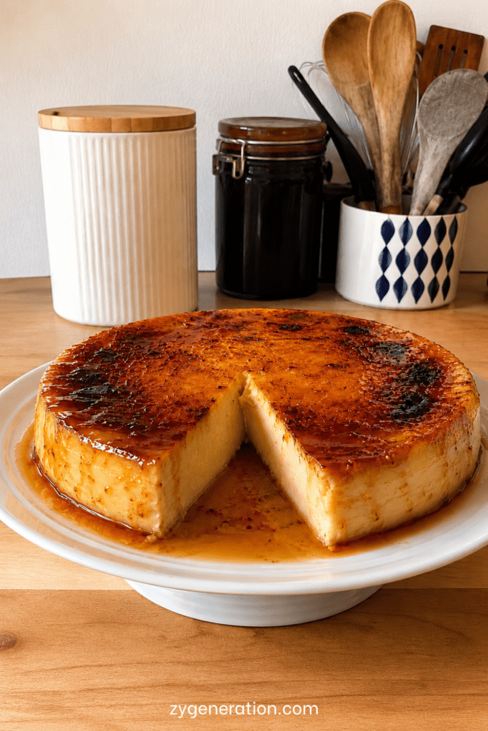 Part de flan brûlé vanille-miso avec pâte dorée, crème épaisse à la vanille, surface caramélisée au sucre et texture fondante.