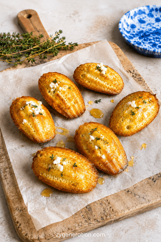 Madeleines salées au chèvre frais, miel et thym, dorées au four, servies tièdes avec un léger filet de miel brillant sur le dessus.