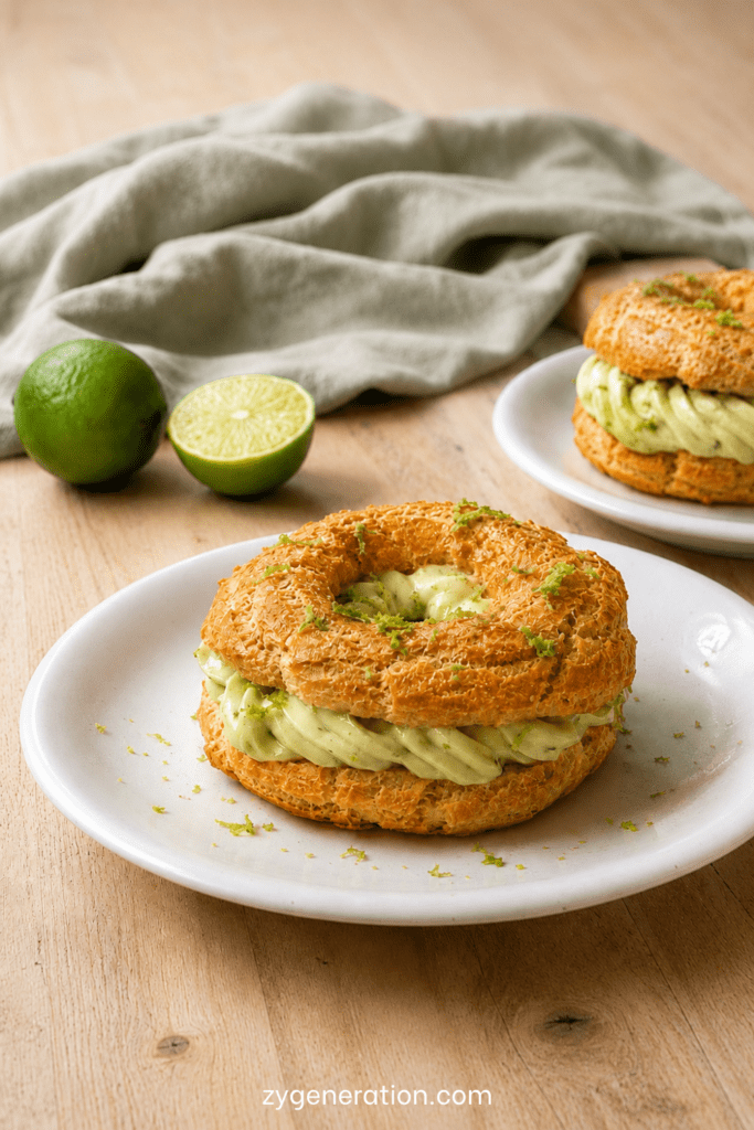Paris-Brest express garni d’une crème pistache onctueuse au mascarpone, décoré de zestes de citron vert frais sur une pâte à choux dorée.