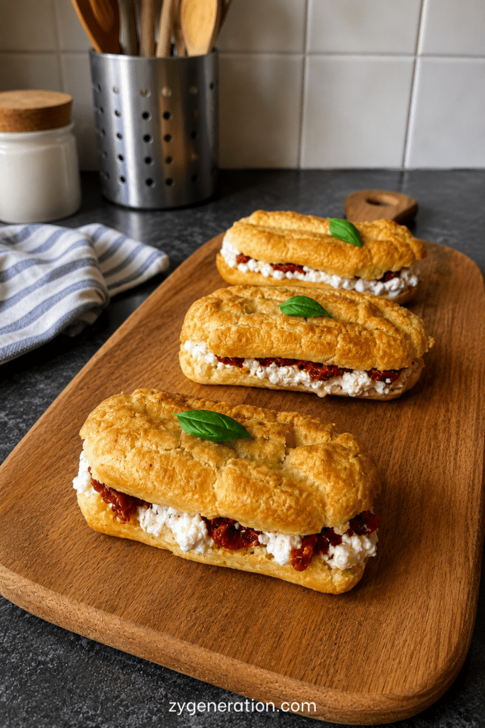 Éclair salé garni de crème de burrata à l’huile d’olive, de tomates confites rouges et de basilic frais, servi en bouchée apéritive.