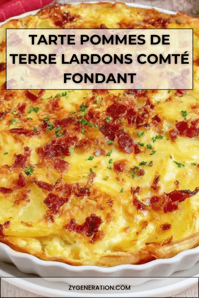 Tarte salée aux pommes de terre fondantes, lardons fumés dorés, crème fraîche, œufs et comté râpé gratiné sur pâte brisée.