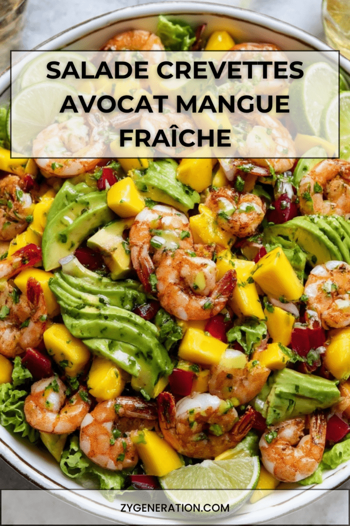 Salade fraîche de crevettes poêlées, avocat, mangue mûre, jeunes pousses, oignon rouge, citron vert et coriandre.
