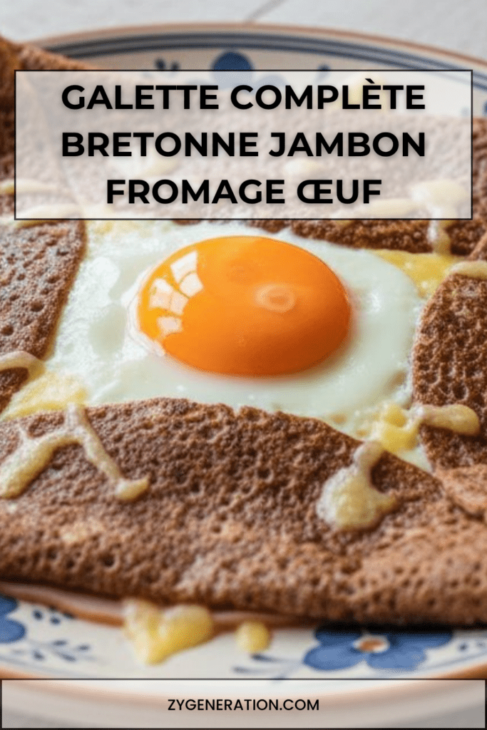 Galette complète bretonne au sarrasin garnie de jambon blanc, fromage râpé fondu et œuf au jaune coulant, pliée en carré.