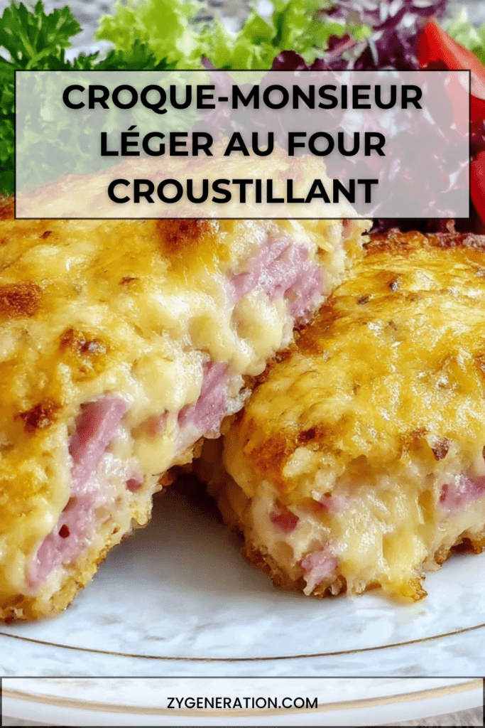 Croque-monsieur léger au four avec pain complet doré, jambon blanc dégraissé, béchamel légère, fromage râpé gratiné et salade verte.