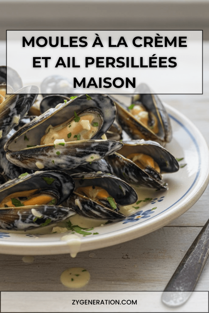 Moules fraîches à la crème liquide, ail haché, beurre, persil frais, poivre noir et sauce onctueuse servies en assiettes creuses.