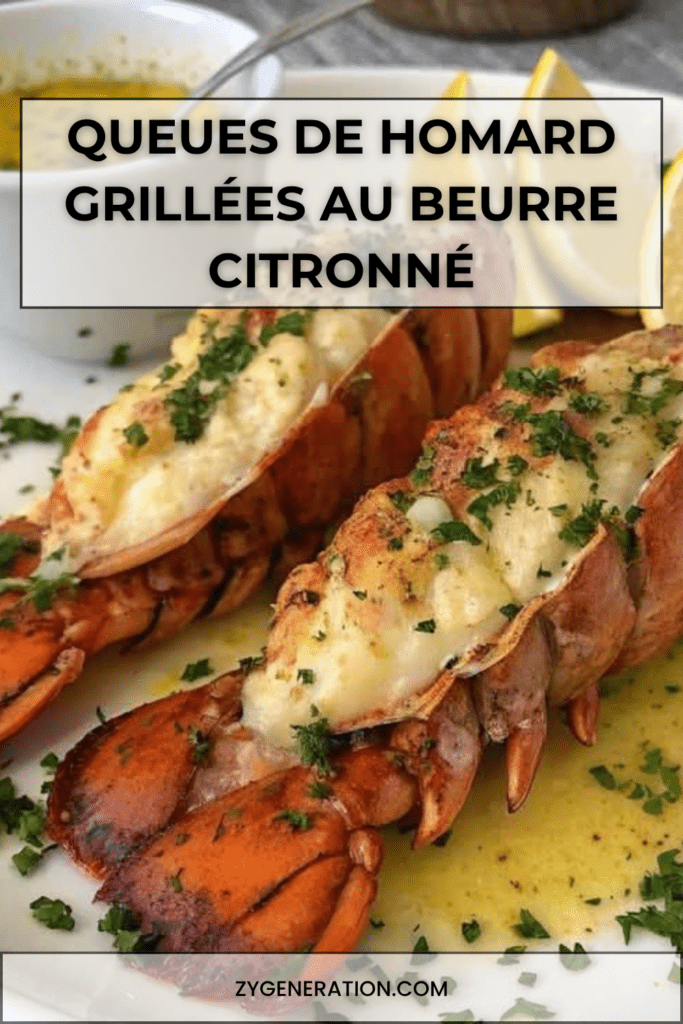 Queues de homard grillées au four, chair dorée et nappée de beurre citronné à l’ail, servies avec du persil frais et des quartiers de citron.