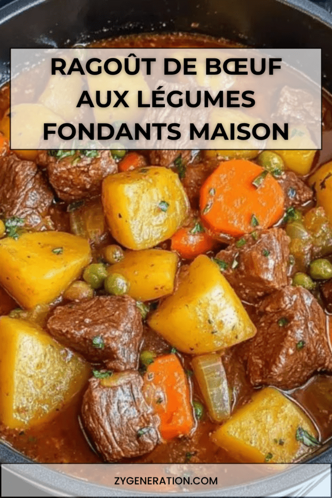 Ragoût de bœuf mijoté avec pommes de terre fondantes, carottes, petits pois et sauce tomate parfumée, servi chaud dans une cocotte familiale.