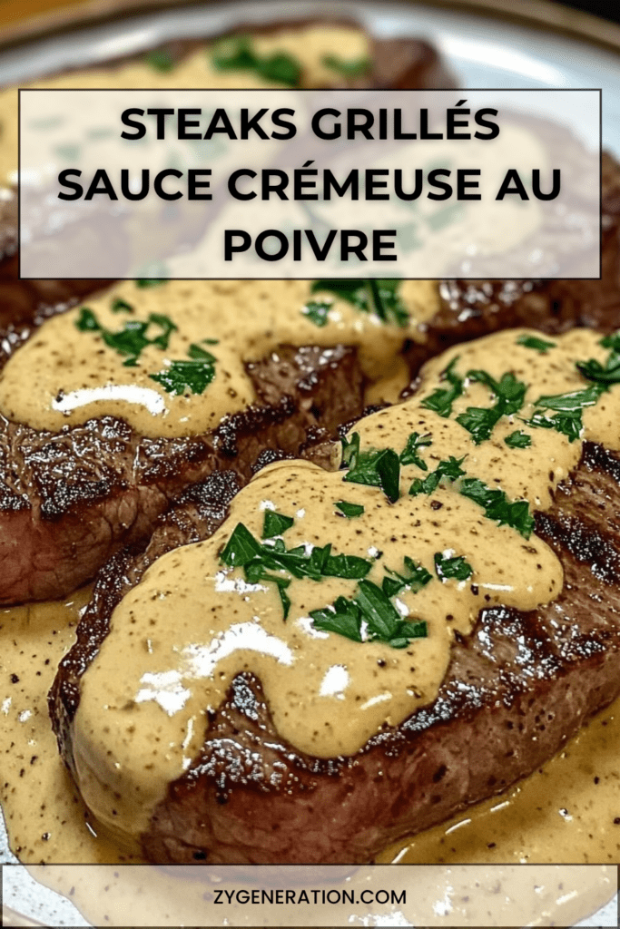 Steaks de bœuf grillés nappés d’une sauce crémeuse au poivre, servis chauds avec du persil frais et une sauce onctueuse façon restaurant.