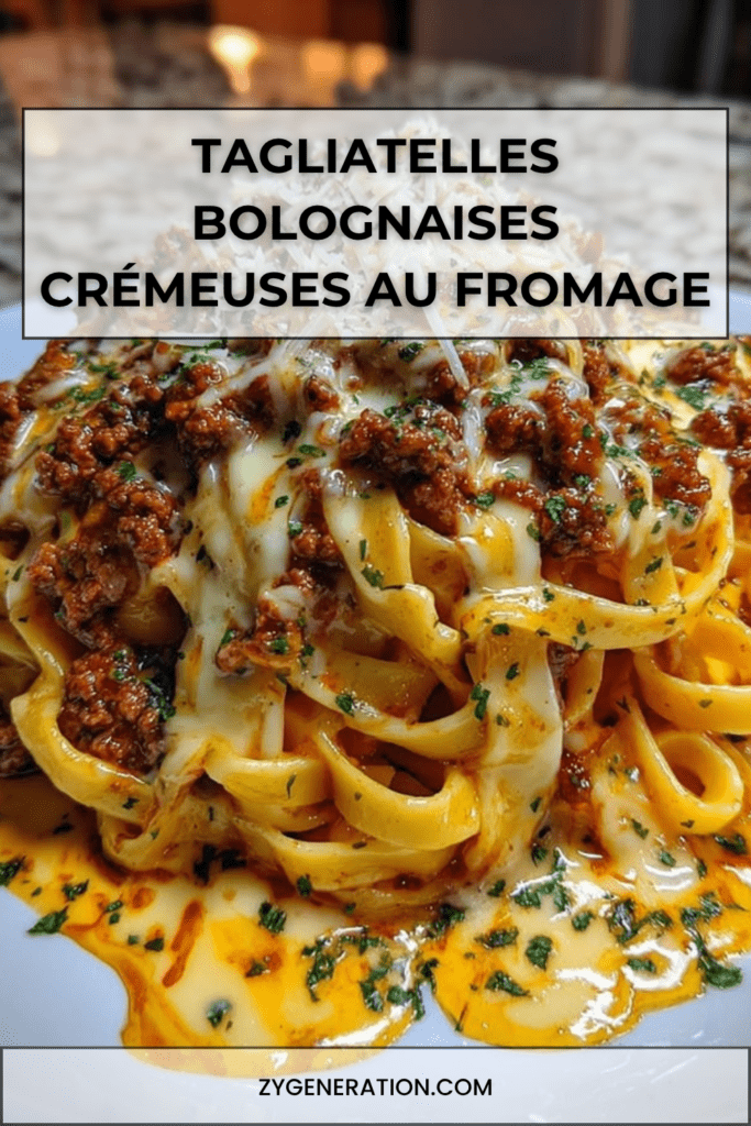 Tagliatelles bolognaises crémeuses servies avec une sauce tomate au bœuf haché, mozzarella fondue, parmesan râpé et persil frais.