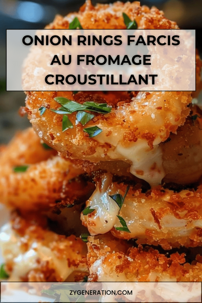 Onion rings farcis au fromage mozzarella, dorés et croustillants, servis chauds avec une sauce crémeuse maison et du persil frais.