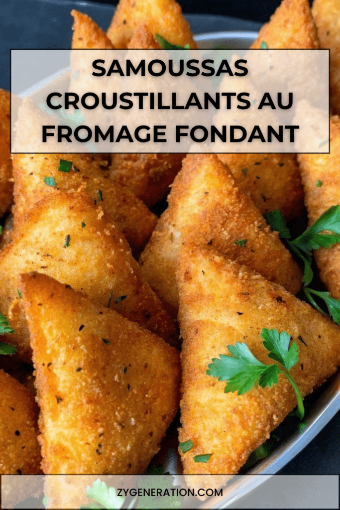 Samoussas croustillants au fromage, dorés à la poêle, garnis d’une farce fondante à la mozzarella et au fromage frais, servis avec du persil.