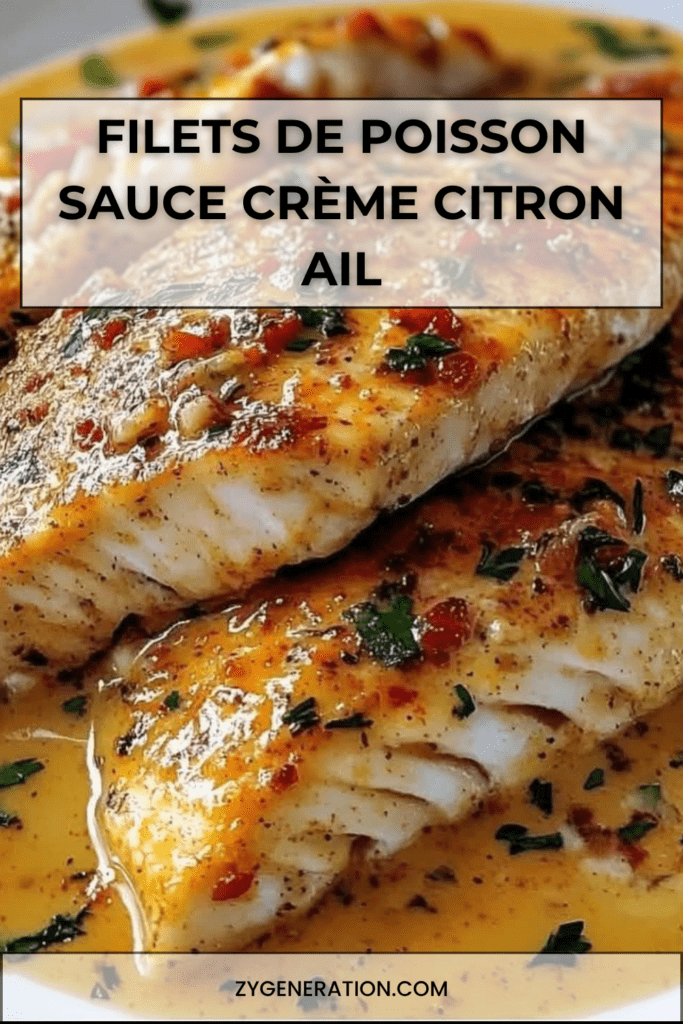 Filets de poisson blanc dorés à la poêle, nappés d’une sauce crémeuse au citron et à l’ail, servis avec persil frais et poivron rouge.