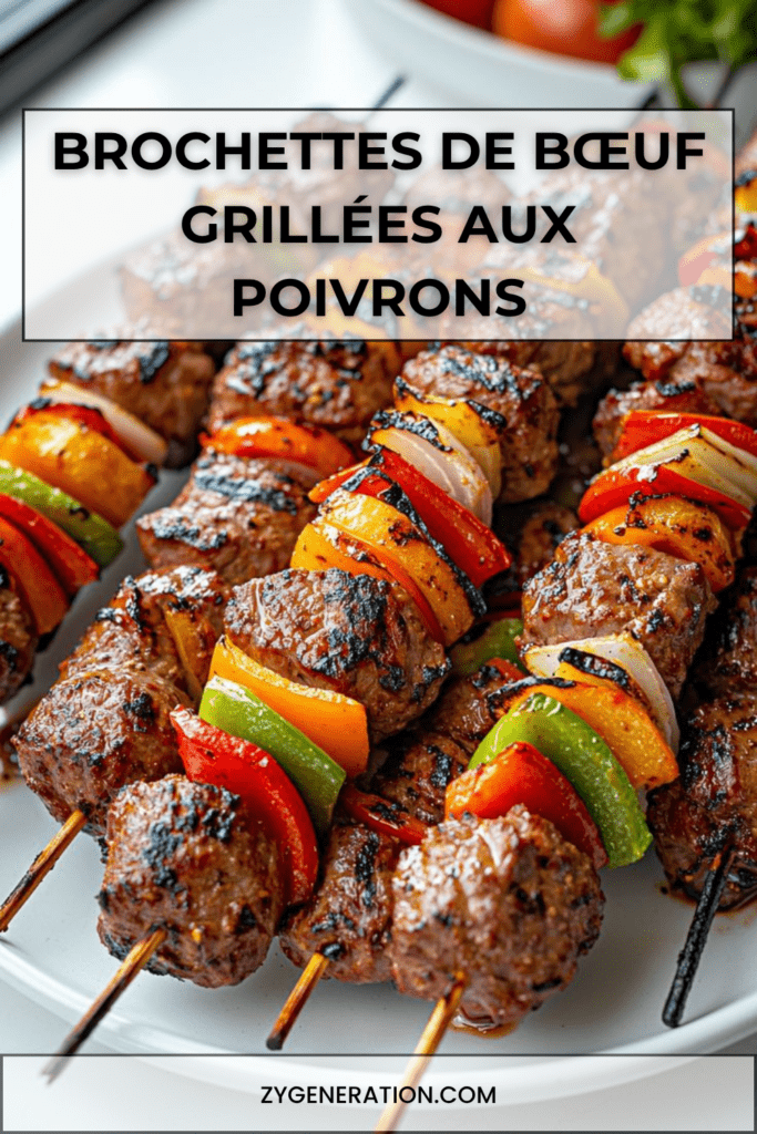 Brochettes de bœuf grillées avec poivrons rouges, jaunes et verts, oignons et marinade parfumée, servies avec du persil frais.